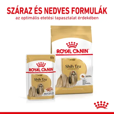 ROYAL CANIN Shih Tzu Adult száraz és nedves kutyaeledel csomagolás, 85 g tasak és nagyobb zacskó. Száraz és nedves formulák az optimális etetési tapasztalat érdekében.