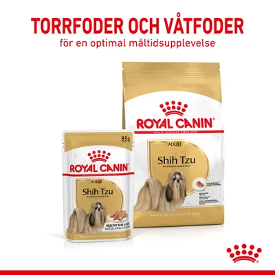 Royal Canin Shih Tzu Adult torrfoder och våtfoder, förpackningar med bild på Shih Tzu-hund. Text: TORRFODER OCH VÅTFODER för en optimal måltidsupplevelse.