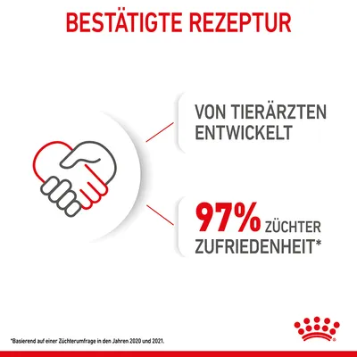 Texte en allemand : BESTÄTIGTE REZEPTUR, VON TIERÄRZTEN ENTWICKELT, 97% ZÜCHTER ZUFRIEDENHEIT. Mention légale en bas et logo Royal Canin.