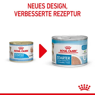 ROYAL CANIN STARTER Mother & Babydog, ancien et nouveau design de boîte, texte en allemand : NEUES DESIGN, VERBESSERTE REZEPTUR