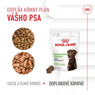 Royal Canin Digestion Chews Adult Supplements, 40 kusov. Dopĺňa krmný plán vášho psa. Suché a vlhké krmivo plus doplnkové krmivo. 84 % majiteľov je spokojných.