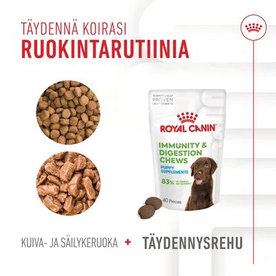 Royal Canin Immunity & Digestion Chews Puppy Supplements -pussi, koiran kuivaruoka ja täydennysrehu. Teksti: Täydennä koirasi ruokintarutiinia, kuiva- ja säilykeruoka + täydennysrehu.