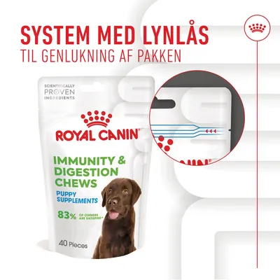 ROYAL CANIN Immunity & Digestion Chews Puppy Supplements, 40 Pieces. System med lynlås til genlukning af pakken. 83% of owners are satisfied. Scientifically proven ingredients.
