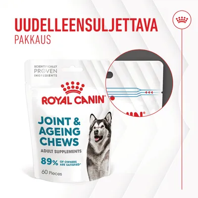 Royal Canin Joint & Ageing Chews -pussi, uudelleensuljettava pakkaus, 60 kpl. Teksti: SCIENTIFICALLY PROVEN INGREDIENTS, 89% of owners are satisfied*