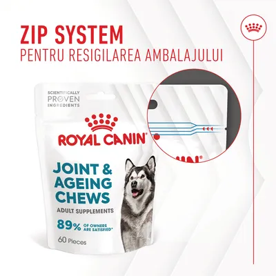 ROYAL CANIN Joint & Ageing Chews, suplimente pentru adulți, 60 bucăți. Zip system pentru resigilarea ambalajului. 89% of owners are satisfied. Scientifically proven ingredients.