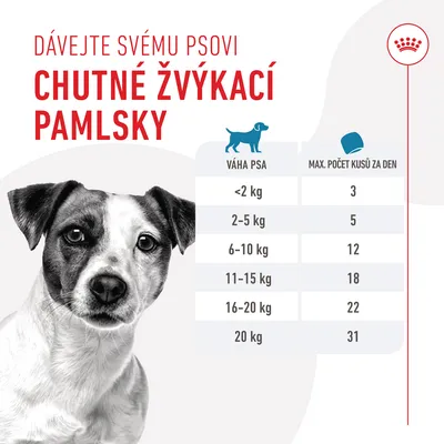 Pokyny ke krmení: DÁVEJTE SVÉMU PSOVI CHUTNÉ ŽVÝKACÍ PAMLKSY. Tabulka: váha psa a maximální počet kusů za den, např. <2 kg – 3 ks, 20 kg – 31 ks.