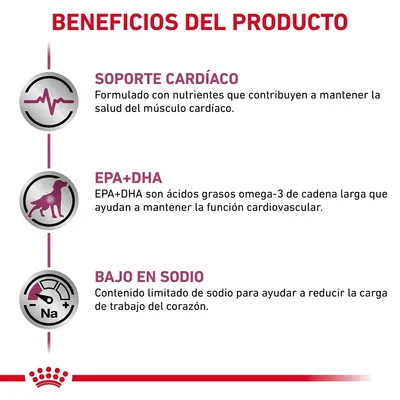 Beneficios del producto: soporte cardíaco, EPA+DHA para función cardiovascular y bajo en sodio para reducir la carga de trabajo del corazón. Texto en español.