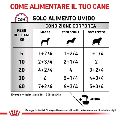 Tabella dosi alimento umido per cani: peso 5–40 kg, condizioni magro, peso forma, sovrappeso. Esempio: 10 kg magro 2+3/4, peso forma 2+1/4, sovrappeso 2. Energia 1248 kcal/kg.