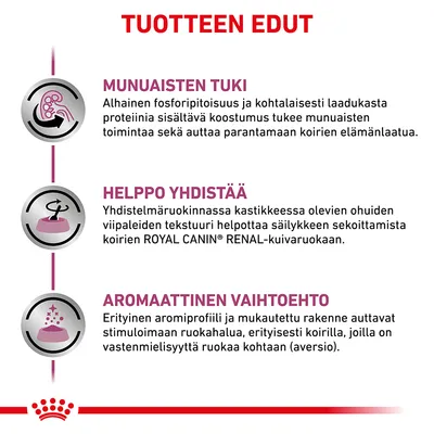 Tuotteen edut: munuaisten tuki, helppo yhdistää ROYAL CANIN® RENAL -kuivaruokaan, aromaattinen vaihtoehto ruokahalun stimuloimiseksi. Kaikki tekstit suomeksi.