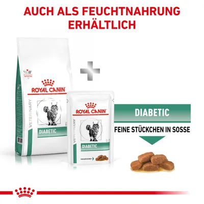 Royal Canin Veterinary Diabetic Trocken- und Feuchtnahrung für Katzen. Feine Stückchen in Sosse, auch als Nassfutter erhältlich.