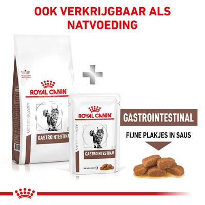 Royal Canin Gastrointestinal kattenvoer, droog- en natvoeding. Tekst: ook verkrijgbaar als natvoeding, fijne plakjes in saus. Afbeelding van brokjes in saus zichtbaar.