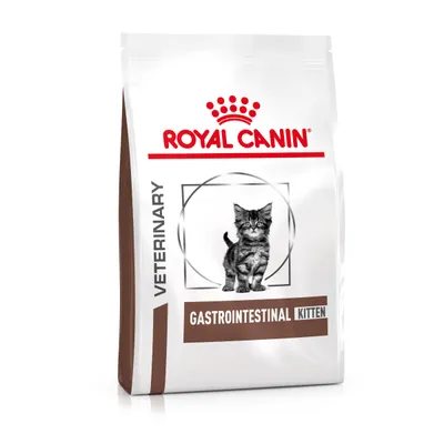 Bag labelled veterinary gastrointestinal kitten, showing a picture of a kitten. Indicates product is for gastrointestinal support in kittens.