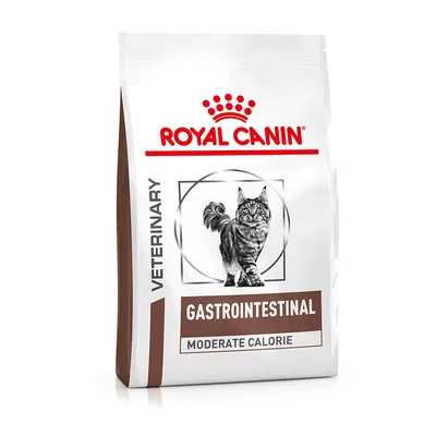 Bag labelled veterinary gastrointestinal moderate calorie, showing a cat illustration. Indicates product is for gastrointestinal care with moderate calories.