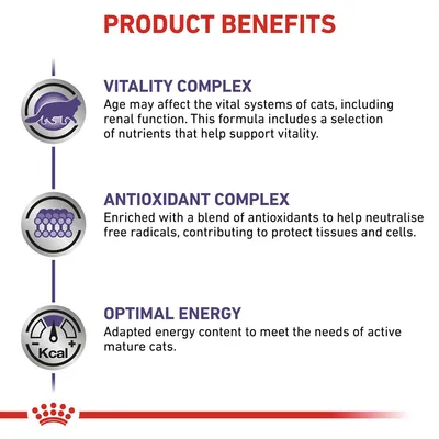 Product benefits: vitality complex supports vital systems, antioxidant complex helps protect tissues and cells, optimal energy content for active mature cats.
