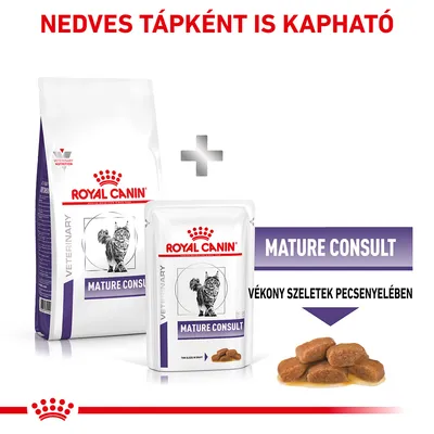 Royal Canin Mature Consult száraz és nedves macskaeledel csomagolás, felirat: NEDVES TÁPKÉNT IS KAPHATÓ, vékony szeletek pecsenyelében láthatók.