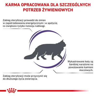 Karma opracowana dla szczególnych potrzeb żywieniowych. Informacje: sterylizacja wpływa na apetyt i wagę, może wydłużyć życie kota; koty po kastracji są narażone na kamienie moczowe.
