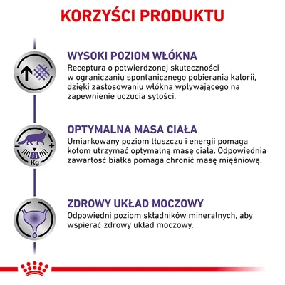 Korzyści produktu: wysoki poziom włókna, optymalna masa ciała, zdrowy układ moczowy. Opisy dotyczą ograniczenia kalorii, utrzymania masy ciała i wsparcia układu moczowego kota.