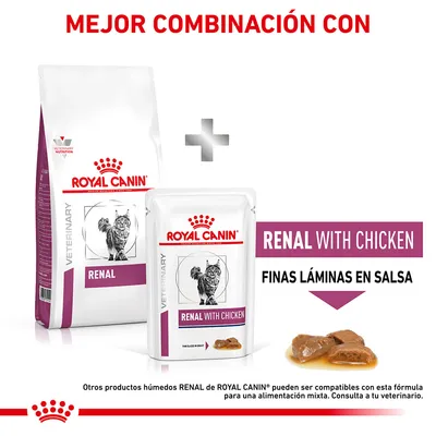 Royal Canin Veterinary Renal pienso y sobre húmedo Renal with Chicken finas láminas en salsa para gatos. Texto: Mejor combinación con, finas láminas en salsa.