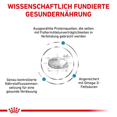 Wissenschaftlich fundierte Gesunderährung: Ausgewählte Proteinquellen, kontrollierte Nährstoffzusammensetzung für Verdauung, angereichert mit Omega-3-Fettsäuren.