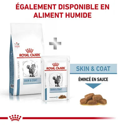 Royal Canin Veterinary Skin & Coat pour chats, croquettes et sachet humide émincé en sauce. Texte visible : également disponible en aliment humide, Skin & Coat, émincé en sauce.
