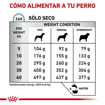 Tabla de alimentación diaria solo seco según peso del perro (5–40 kg) y condición: delgado, normal, sobrepeso. Ejemplo: 10 kg, normal: 155 g. Energía metabolizable: 4003 kcal/kg.