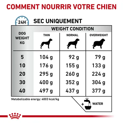 Tableau d’alimentation pour chien : poids 5–40 kg, quantités journalières en g selon condition (maigre, normal, surpoids). Exemple : 20 kg, 295 g maigre, 260 g normal, 224 g surpoids.