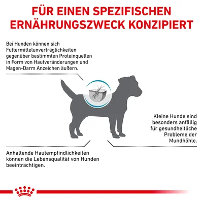 Für einen spezifischen Ernährungszweck konzipiert. Hinweise zu Futterunverträglichkeiten, Hautempfindlichkeiten und Mundhöhlenproblemen bei kleinen Hunden.