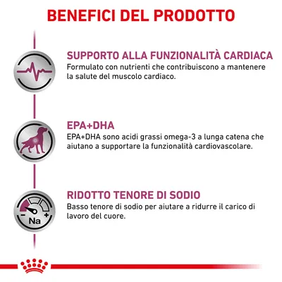 BENEFICI DEL PRODOTTO: supporto alla funzionalità cardiaca, EPA+DHA per la salute cardiovascolare, ridotto tenore di sodio per alleggerire il lavoro del cuore.