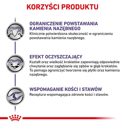Korzyści produktu: ograniczenie powstawania kamienia nazębnego, efekt oczyszczający, wspomaganie kości i stawów. Szczegóły dotyczą skuteczności i działania krokietów.