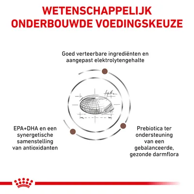 Wetenschappelijk onderbouwde voedingskeuze: goed verteerbare ingrediënten, aangepast elektrolytengehalte, EPA+DHA met antioxidanten, prebiotica voor gezonde darmflora.