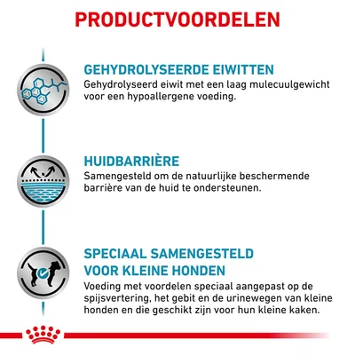 Productvoordelen: gehydrolyseerde eiwitten voor hypoallergene voeding, huidbarrière ter ondersteuning van de huid, speciaal samengesteld voor kleine honden met aangepaste voordelen.