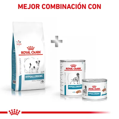 Royal Canin Hypoallergenic para perros: saco de pienso Small Dogs y dos latas de comida húmeda. Texto visible: 'MEJOR COMBINACIÓN CON'.