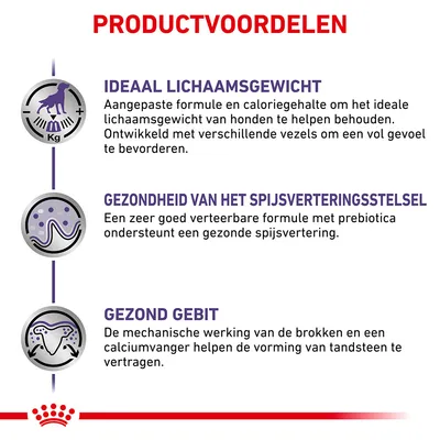 Productvoordelen: ideaal lichaamsgewicht, gezondheid van het spijsverteringsstelsel en gezond gebit. Uitleg over aangepaste formule, prebiotica en calciumvanger voor honden.