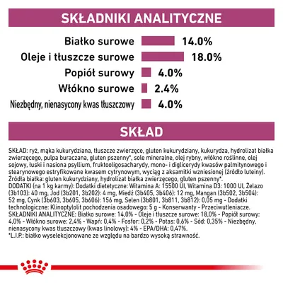Składniki analityczne: białko surowe 14 %, oleje i tłuszcze surowe 18 %, popiół surowy 4 %, włókno surowe 2,4 %, niezbędny nienasycony kwas tłuszczowy 4 %. Skład podany poniżej.
