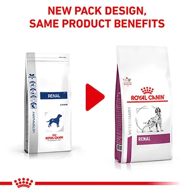 Image shows old and new packaging for Royal Canin Renal product with text: New pack design, same product benefits.
