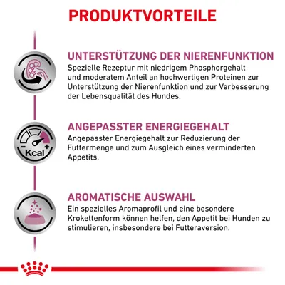 Texte en allemand : PRODUKTVORTEILE, UNTERSTÜTZUNG DER NIERENFUNKTION, ANGEPASSTER ENERGIEGEHALT, AROMATISCHE AUSWAHL. Description des avantages du produit pour chiens.