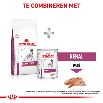 Royal Canin Renal Select droogvoerzak en Renal natvoerblik, tekst: TE COMBINEREN MET, RENAL PATÉ. Combinatie van droog- en natvoeding zichtbaar.