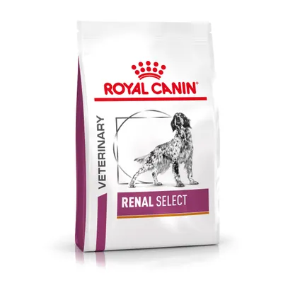 Royal Canin Veterinary Renal Select, speciális táplálkozási igényű kutyatáp. Csomagolás kutya képpel és lila akcentussal.