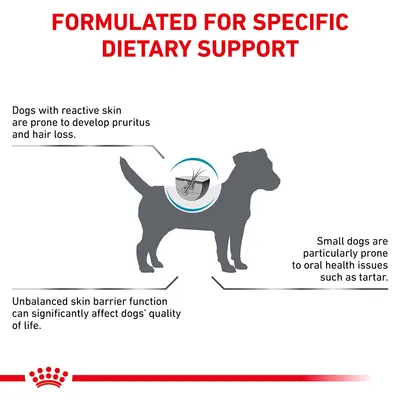 Formulated for specific dietary support. Dogs with reactive skin may develop pruritus and hair loss. Unbalanced skin barrier affects quality of life. Small dogs prone to oral health issues.