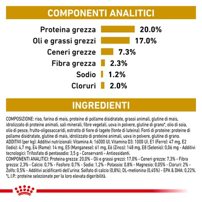 Componenti analitici: proteina grezza 20%, oli e grassi grezzi 17%, ceneri grezze 7,3%, fibra grezza 2,3%, sodio 1,2%, cloruri 2%. Ingredienti principali elencati in basso.