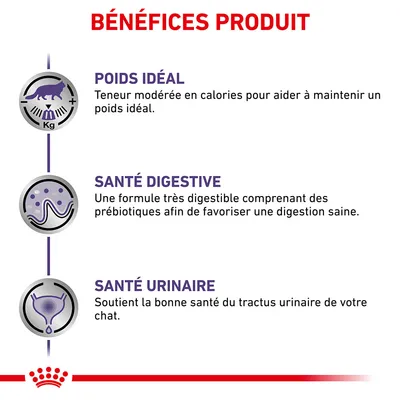 BÉNÉFICES PRODUIT : Poids idéal, santé digestive et santé urinaire. Textes : teneur modérée en calories, formule très digestible avec prébiotiques, soutien du tractus urinaire du chat.