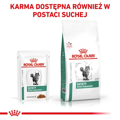 ROYAL CANIN SATIETY WEIGHT MANAGEMENT dla kotów, karma mokra i sucha. Napis: KARMA DOSTĘPNA RÓWNIEŻ W POSTACI SUCHEJ.