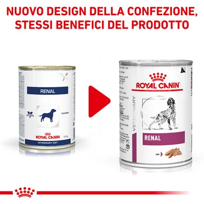 Nuovo design della confezione Royal Canin Renal per cani, stessi benefici del prodotto. A sinistra vecchia confezione, a destra nuova confezione con immagine di cane e scritta RENAL.