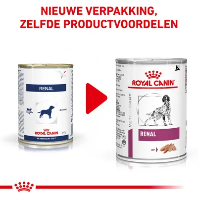 Royal Canin Renal hondenvoer blik, oude en nieuwe verpakking naast elkaar. Tekst: 'Nieuwe verpakking, zelfde productvoordelen'.