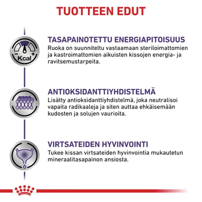 Tuotteen edut: tasapainotettu energiapitoisuus, antioksidanttiyhdistelmä ja virtsateiden hyvinvointi. Teksti selittää kunkin ominaisuuden vaikutuksen kissan ravitsemukseen.