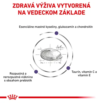 ZDRAVÁ VÝŽIVA VYTVORENÁ NA VEDECKOM ZÁKLADE. Esenciálne mastné kyseliny, glukozamín a chondroitín. Rozpustná a nerozpustná vláknina s obsahom prebiotík. Taurín, vitamín C a vitamín E.