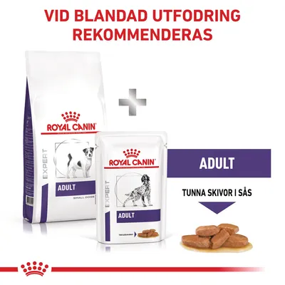 Royal Canin Expert Adult torrfoder och våtfoder för hund, text: 'Vid blandad utfodring rekommenderas', 'Adult', 'Tunna skivor i sås', bilder på foderförpackningar och matbitar.