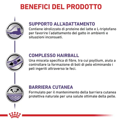 BENEFICI DEL PRODOTTO: supporto all’adattamento, complesso hairball, barriera cutanea. Testi descrivono benefici per adattamento del gatto, controllo boli di pelo e salute della pelle.