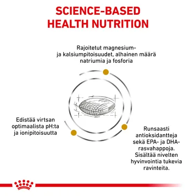 SCIENCE-BASED HEALTH NUTRITION. Rajoitetut magnesium- ja kalsiumpitoisuudet, alhainen natrium ja fosfori. Edistää virtsan optimaalista pH:ta. Runsaasti antioksidantteja, EPA- ja DHA-rasvahappoja.