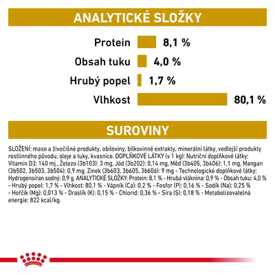 Analytické složky: protein 8,1 %, obsah tuku 4,0 %, hrubý popel 1,7 %, vlhkost 80,1 %. Složení: maso a živočišné produkty, obiloviny, bílkovinné extrakty, minerální látky, oleje a tuky.